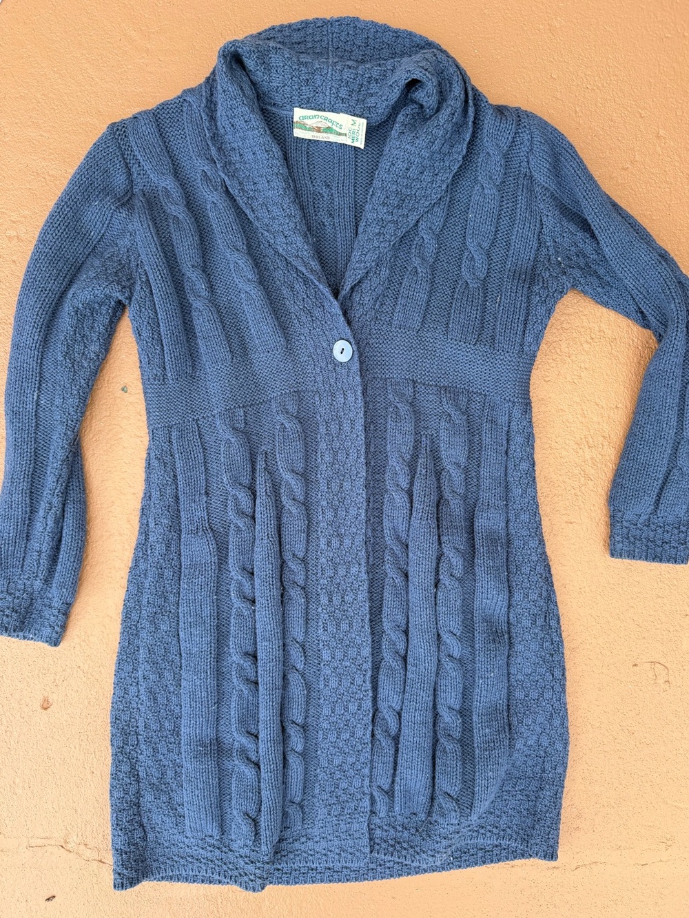 Aran Crafts Merino Wool Blue Cable-Knit Longline Sweater Cardigan
